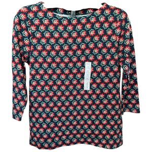 Croft & Barrow Floral Boatneck Top Medium Navy Red Green Cotton 3/4 Sleeve NWT